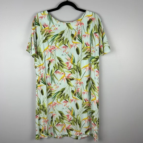 Zara Birds of Paradise Floral Open Back Dress Large Green Pink - Picture 3 of 16